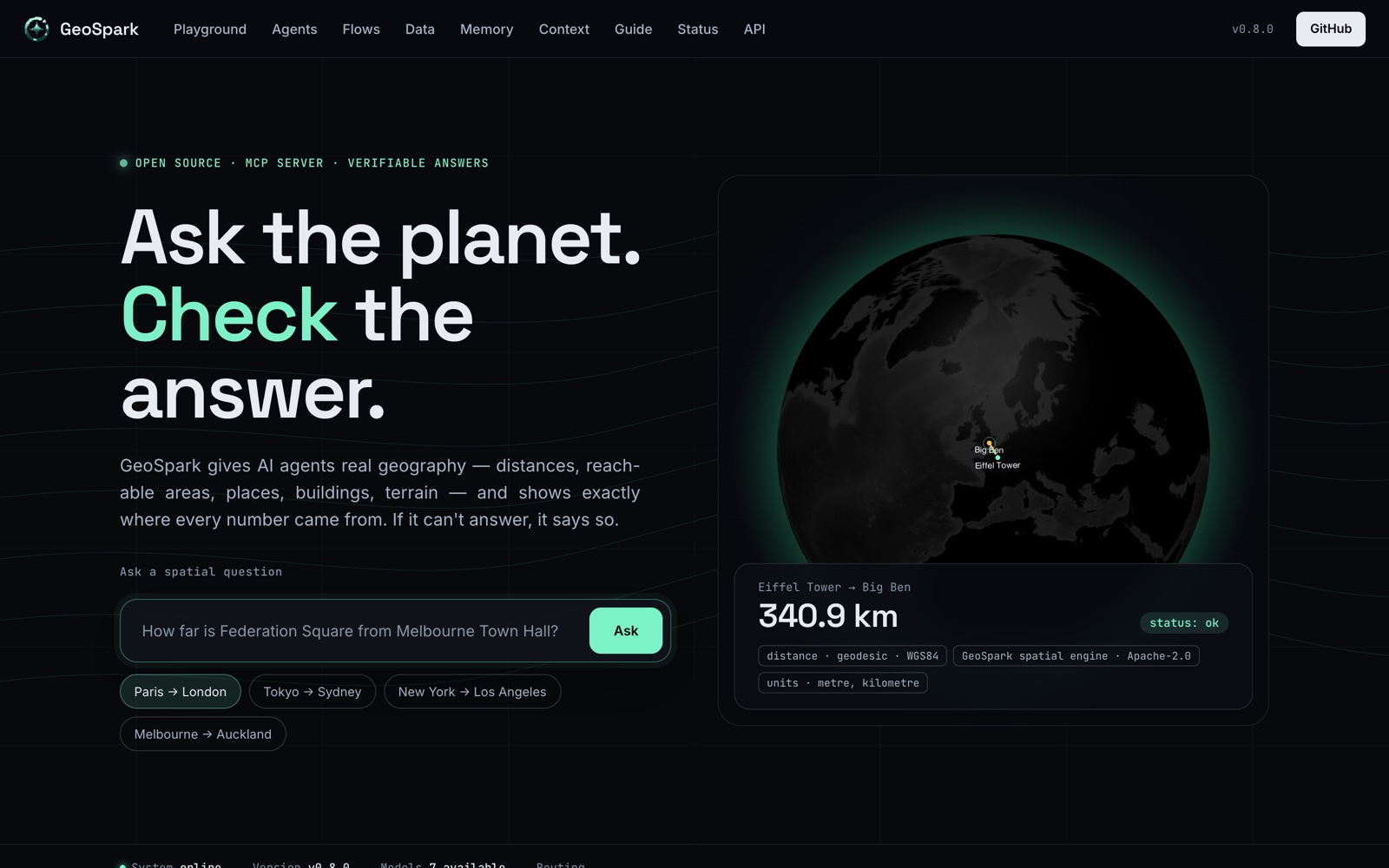 GeoSpark's website: ask a spatial question, and the answer comes with its method, source and units.