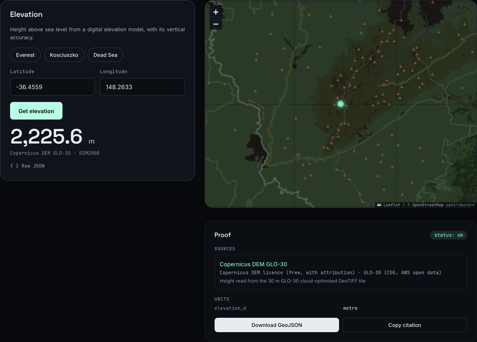 Mount Kosciuszko from the Copernicus DEM GLO-30. The Proof panel names the dataset, its licence and how the height was read, and the result downloads as GeoJSON.
