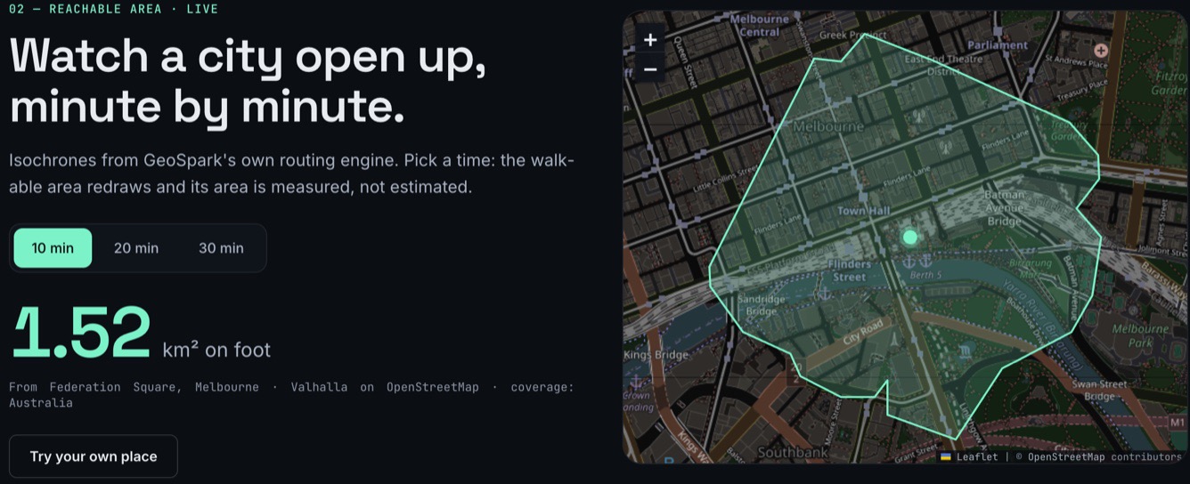 A live isochrone: the area reachable on foot in 10 minutes from Federation Square, Melbourne, measured at 1.52 km², from Valhalla routing on OpenStreetMap.