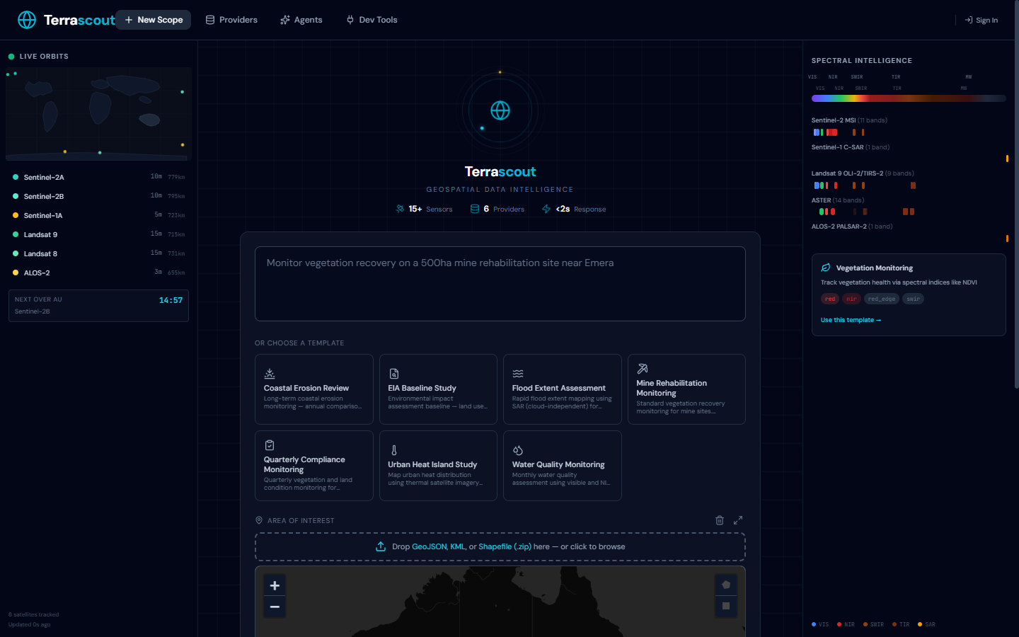 The Terrascout homepage with brief input, live satellite orbit tracker (left), and spectral intelligence display (right).
