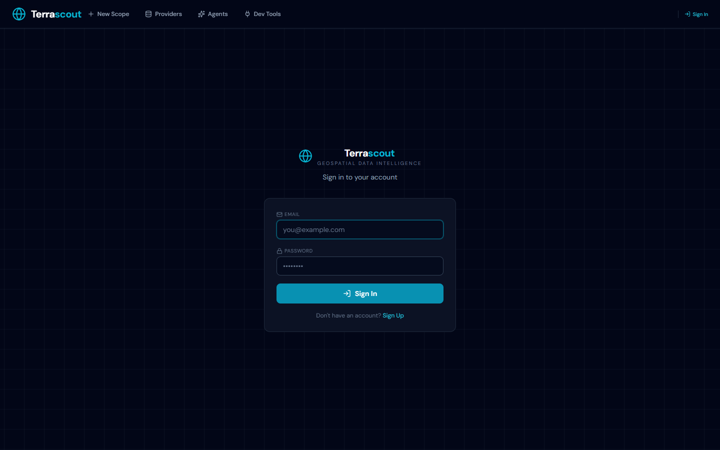 The sign-in page with email and password fields. Click 'Sign Up' at the bottom to create a new account.